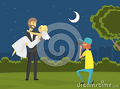 Wedding Photo Session of Newlyweds, Happy Just Married Couple Standing Together and Posing for Photographer at Night Vector Illustration