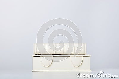 Wedding photobook with box in white leather binding. Wedding photo book, album family album. Stock Photo