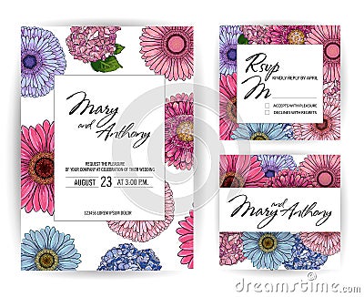 Wedding pink and blue Invitation, sketch gerbera, hydrangea invite card Design: Hand drawn colorful marker illustration. Doodle Cartoon Illustration