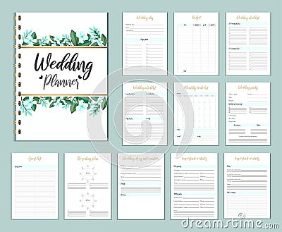 Wedding planer organizer with checklist, wish list, party time etc. Floral diary design for wedding organisation. Vector wedding Vector Illustration