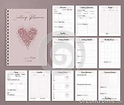 Wedding planner printable design with checklists, important date Vector Illustration