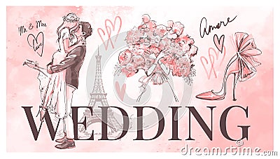 Wedding poster with a couple in a love kiss, a bride with a bouquet, accessories and decor with text. Modern sketchy Vector Illustration