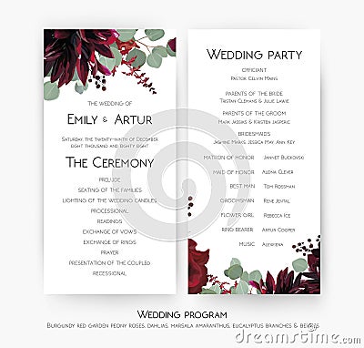 Wedding program for party & ceremony card design with Red rose f Vector Illustration