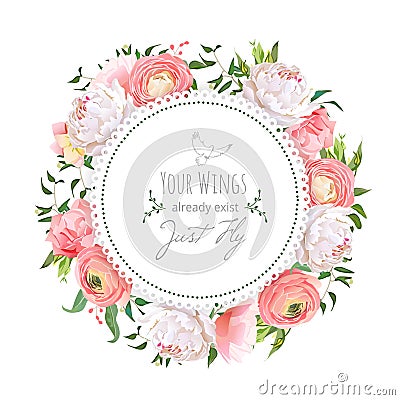 Wedding ranunculus, peony, rose, carnation, green plants round v Vector Illustration