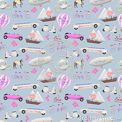 Wedding reception ceremony Day of Love family honeymoon travel transportation vector seamless pattern. Vector Illustration