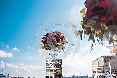 Wedding decor. Wedding registration outdoor. Luxury bouquets with red flowers Stock Photo