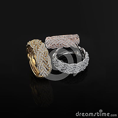 Wedding ring with diamonds pave setting,Gold ,Silver,Rose gold three materail on black refective-3D image Stock Photo