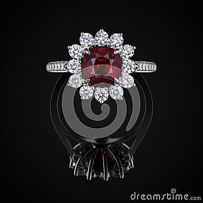 Wedding ring front view with red ruby and white diamonds on black background with reflection. Jewellery with gemstone Stock Photo