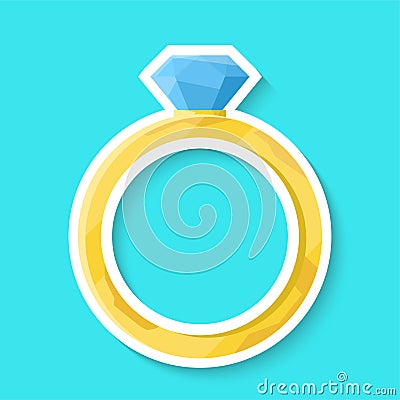 Wedding ring isolated on a blue background. Golden ring with shiny diamond. Realistic sticker. Simple cute design. Icon or logo. Vector Illustration