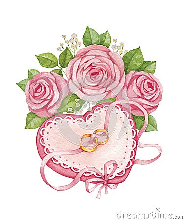 Wedding rings and bridal bouquet Cartoon Illustration