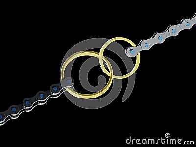 Wedding rings chained with bicycle chain Stock Photo