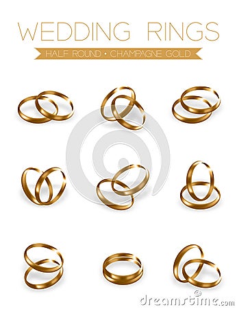 Wedding rings champagne gold half round style compose design Vector Illustration