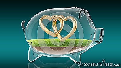 Wedding rings inside transparent piggy bank. 3d rendering Stock Photo