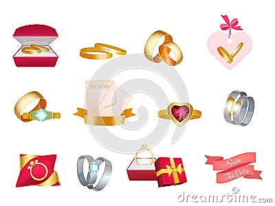 Wedding rings. Marriage bouquet invitation icon cake and suit bride love vector wedding symbols Vector Illustration