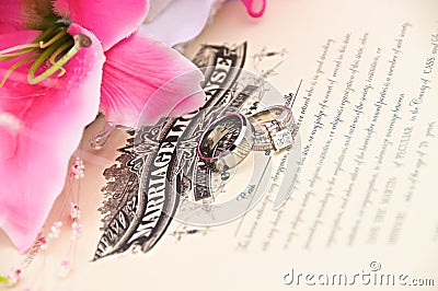 Wedding Rings on Marriage License Stock Photo