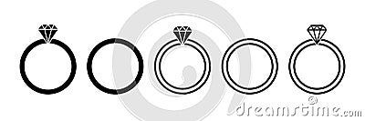 Wedding rings. Marriage ring icons with diamonds. Wedding symbols. Jewel for bride, groom and engagement. Black outline circles. Vector Illustration