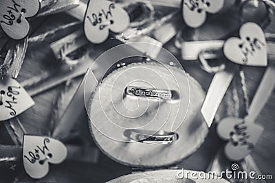 Wedding rings on natural wood backround. Stock Photo