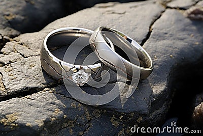 wedding rings nestled in a cracked riverbed stone Stock Photo