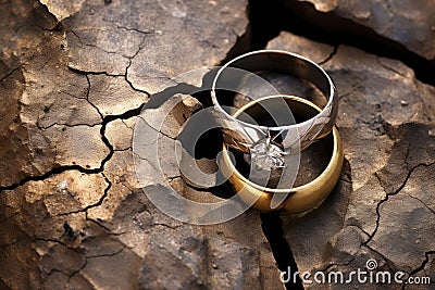 wedding rings nestled in a cracked riverbed stone Stock Photo