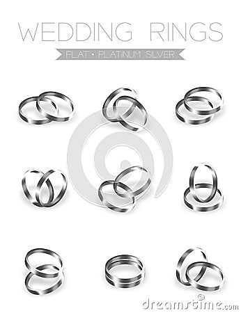 Wedding rings platinum silver flat style compose design Vector Illustration