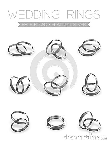 Wedding rings platinum silver half round style compose design Vector Illustration
