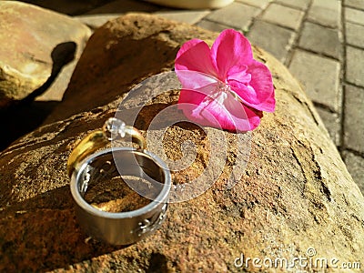 Wedding Rings on a Rock Surface Stock Photo