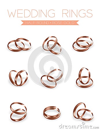 Wedding rings rose gold half round style compose design Vector Illustration