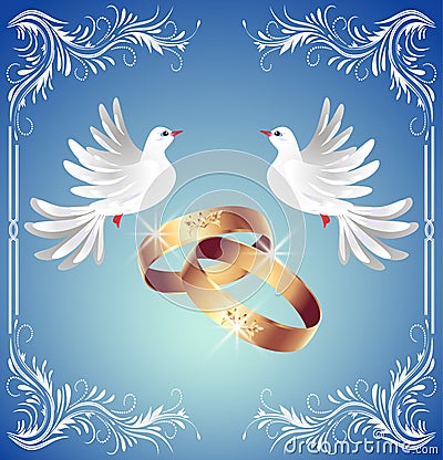 Wedding rings and two doves Vector Illustration