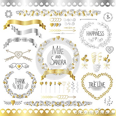 Wedding romantic collection with labels, ribbons, hearts, flowers, arrows, wreaths, laurel and birds. Graphic set in Vector Illustration