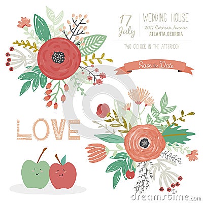 Wedding romantic floral Save the Date invitations Vector Illustration