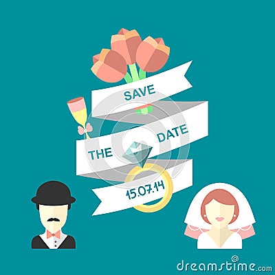 Wedding romantic invitation card with ribbon, flowers, ring, bride and groom in flat style. Save the Date text in vector Vector Illustration