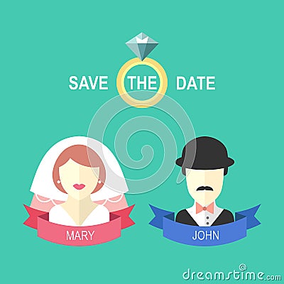 Wedding romantic invitation card with ribbon, ring, bride and groom in flat style. Save the Date invitation in vector. Vector Illustration