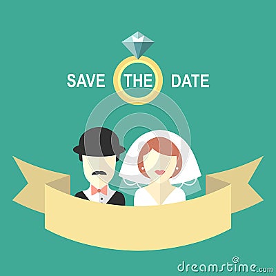 Wedding romantic invitation card with ribbon, ring, bride and groom in flat style. Save the Date invitation in vector. Vector Illustration