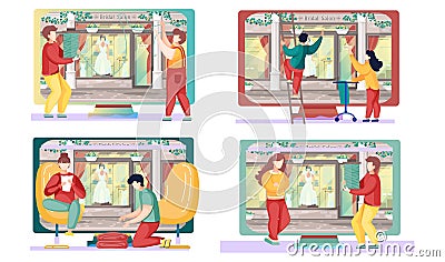 Wedding salon on the background. A set of illustrations on the theme of working near bridal boutique Vector Illustration