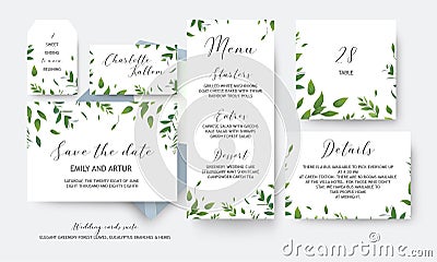 Wedding save the date, menu, label, table number, info cards vector design. Botanical, greenery, rustic, watercolor style art Vector Illustration