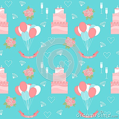 Wedding seamless pattern background with cakes and soft cartoon romantic decorative elements Vector Illustration