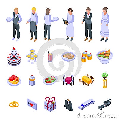 Wedding service icons set isometric vector. Party catering Vector Illustration