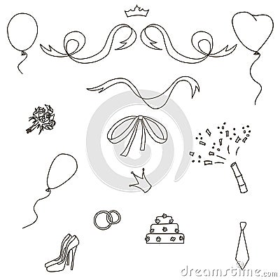 Wedding set icon. Hand drawn wedding elements vector stock illustration. Vector Illustration