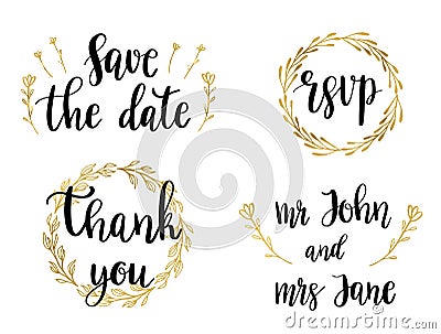 Wedding Set of lettering quotes and phrases. Vector illustration of black text in golden wreaths. Cartoon Illustration