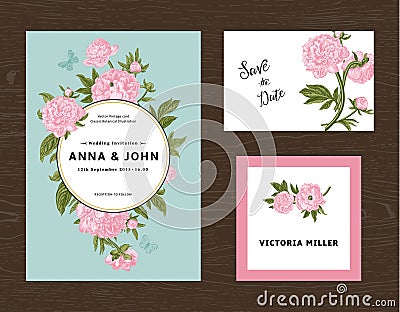 Wedding set. Menu, save the date, guest card. Vector Illustration