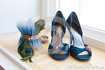 Wedding Shoes and Peacock Garter Stock Photo