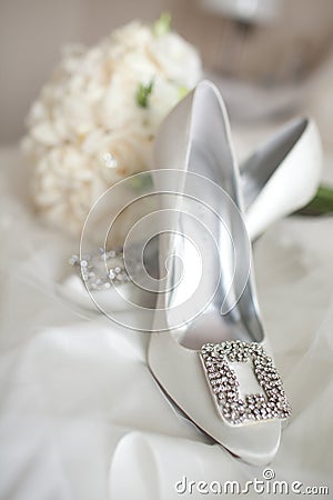 Wedding Shoes white rose bouquet Stock Photo