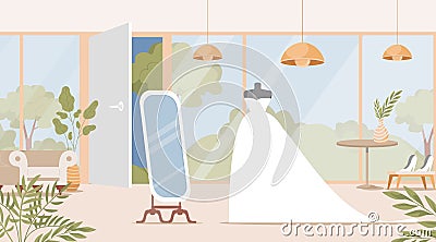 Wedding shop interior design with bride dress vector flat illustration. Preparation for wedding ceremony. Vector Illustration