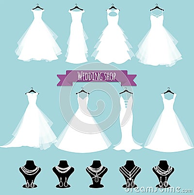 Wedding shop. Vector illustration, eps 10. Wedding dress and jewelry. Cartoon Illustration