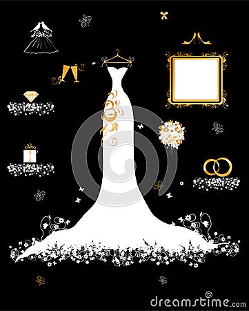 Wedding shop, white dress and accessory Vector Illustration