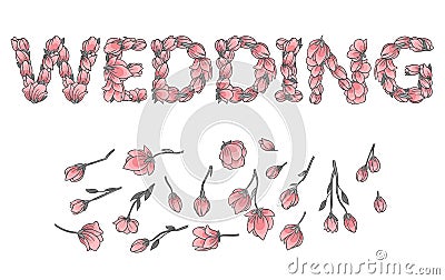 WEDDING sign or lettering made with sakura flowers Vector Illustration