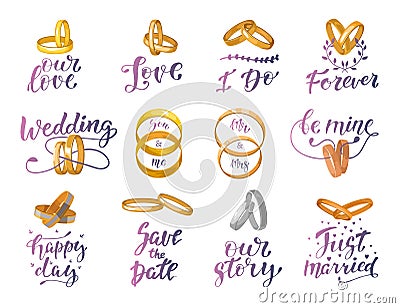 Wedding sign and rings quote text or wed lettering with weddingrings and textual calligraphy for marriage invitation or Cartoon Illustration