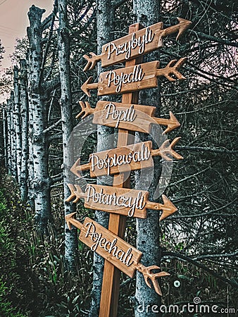 Wedding signpost, arrows, standing sign Editorial Stock Photo