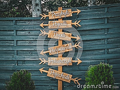 Wedding signpost, arrows, standing sign, wedding decoration. Stock Photo