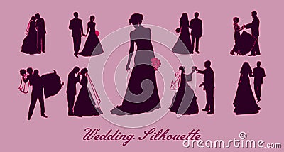 Wedding silhouettes,silhouettes of a groom and a bride Vector Illustration